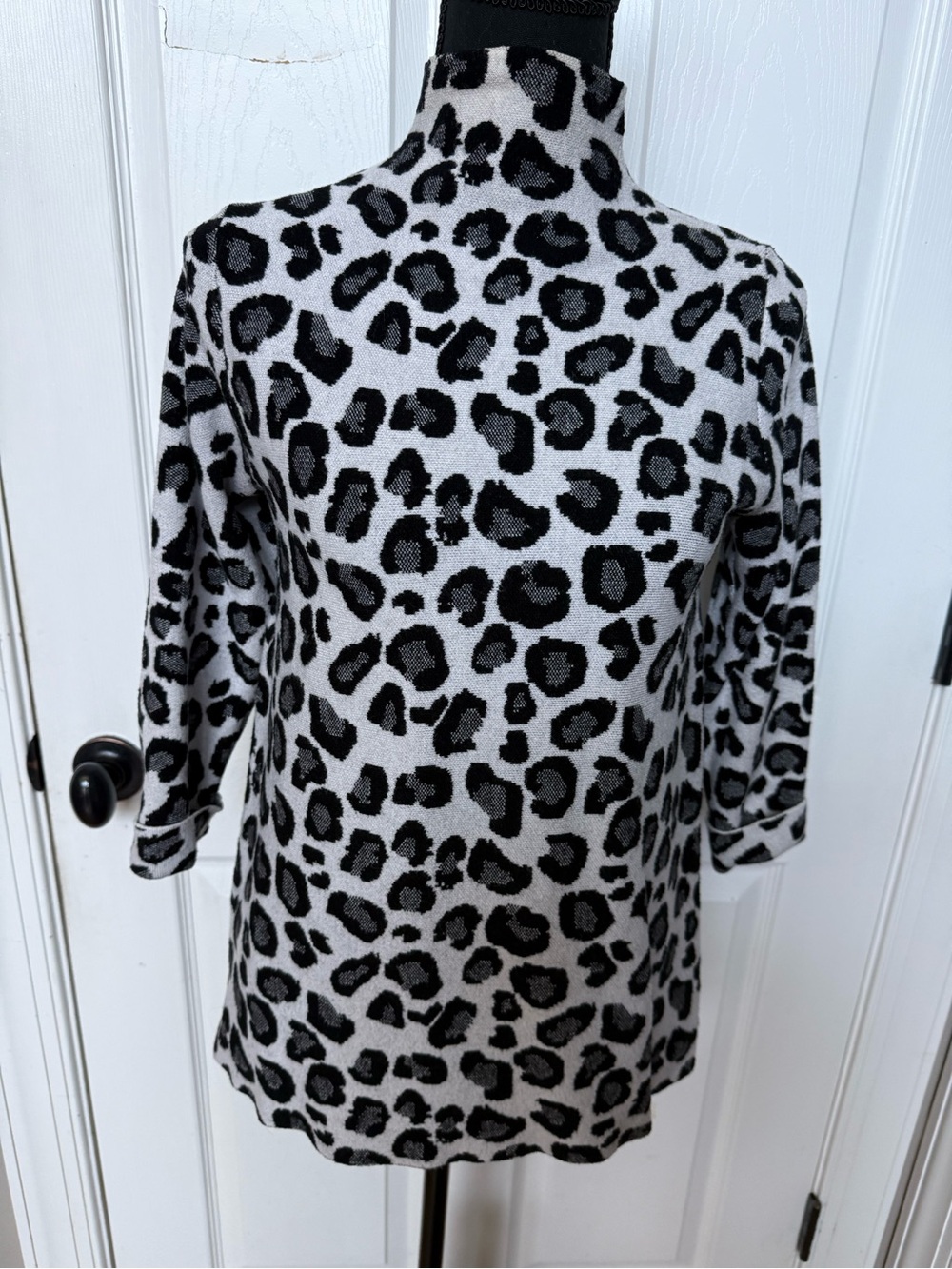 Tahari Black and Gray Leopard Turtleneck Sweater